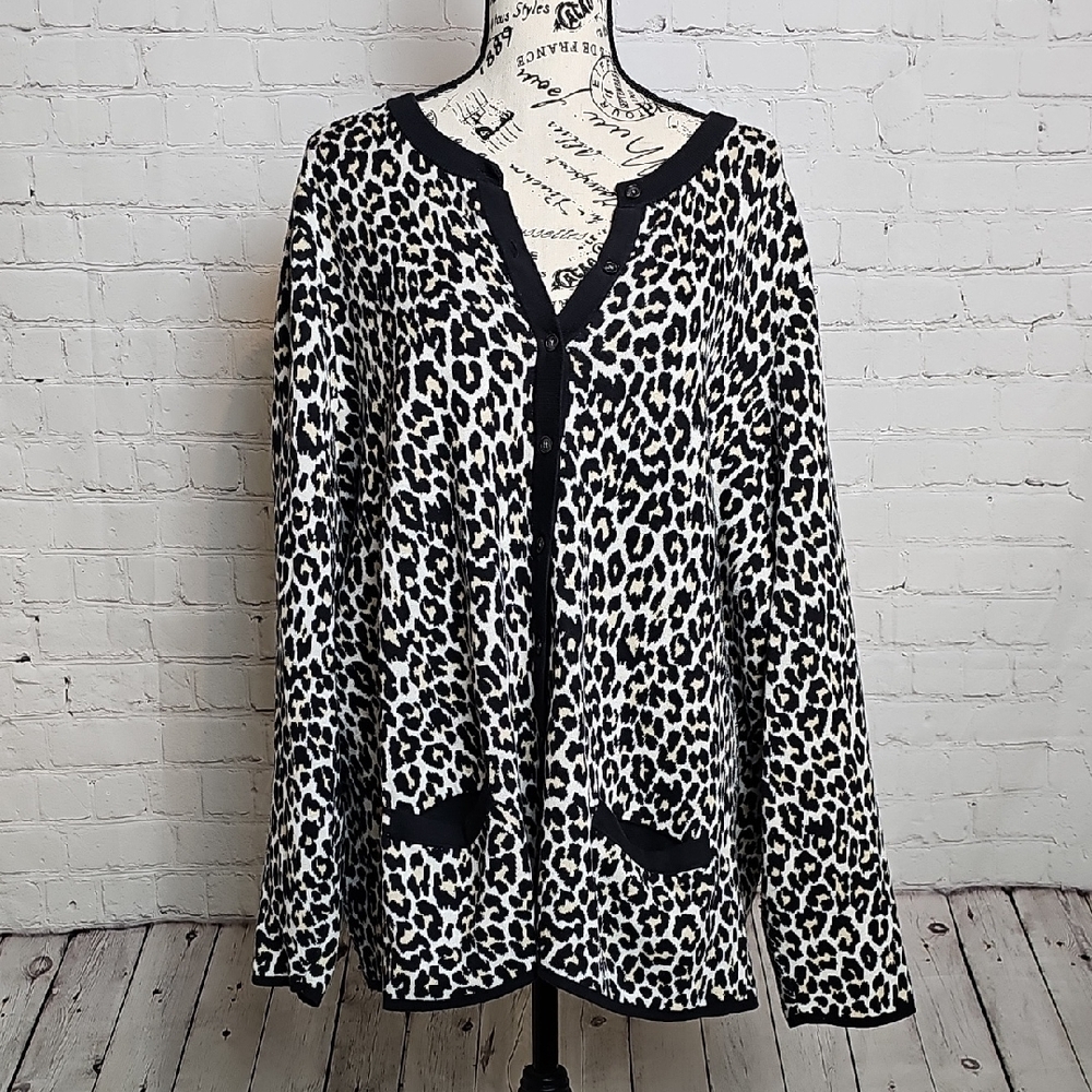 Lands' End Black and White Animal Leopard Print Cardigan